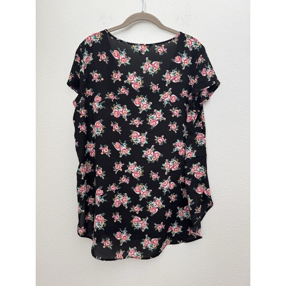 Decree Women's Black Floral Short Sleeve Chiffon Blouse Round Neck Size XL - Picture 8 of 10